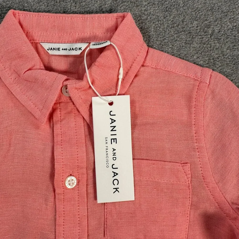 Janie and Jack Boy Size 2T Button Down Shirt Pink Cotton Collared Long Sleeve Ne